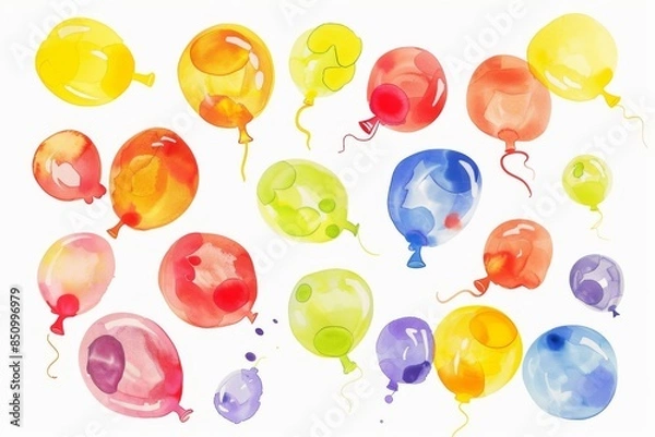 Fototapeta Colorful water balloons of different shapes and sizes floating in the air, creating a vibrant and joyful scene against a clear white background.