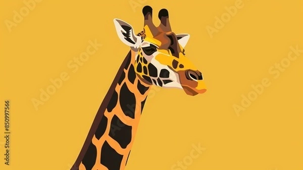 Fototapeta   Close-up of giraffe's head on yellow background with black & white stripes