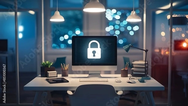 Fototapeta Small office space with computer displaying cybersecurity alert representing importance of cybersecurity for small businesses with soft blur and bokeh

