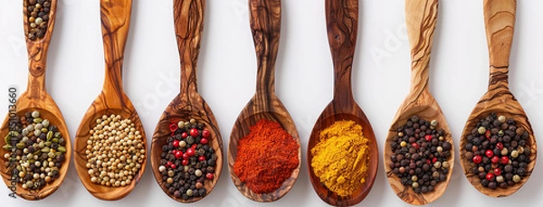 Fototapeta wide horizontal background image of spices in spoons, flat lay photo of different spices filled spoons on white background 