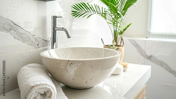 Fototapeta a modern washbasin, potted plant, and stacked towels on a white marble countertop, complemented by a wooden rack on the adjacent wall.
