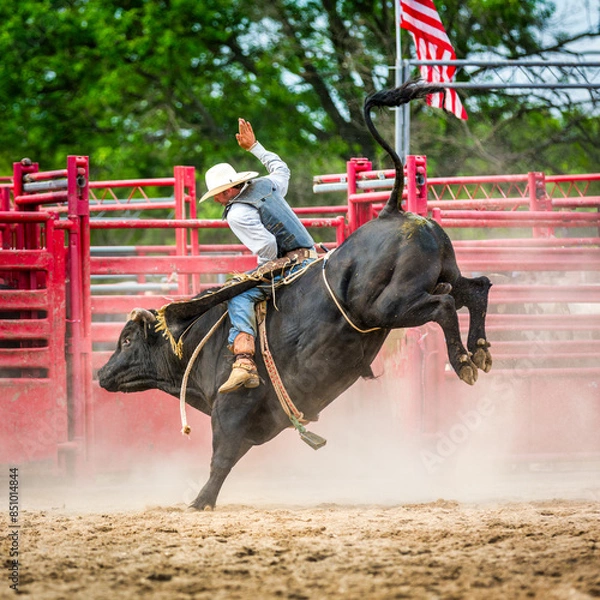 Obraz Unidentifiable bull rider in a generic rodeo arena. Bull riding is a rodeo sport that involves a bull rider attempting to stay mounted on a bucking bull while the animal tries to buck off the rider