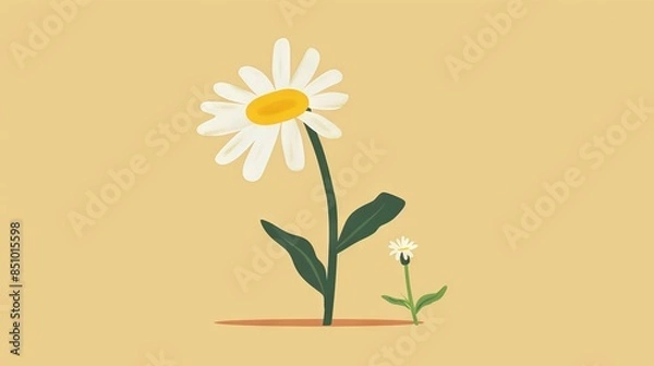 Fototapeta   A vibrant yellow-and-white flower rests atop a lush green foliage, set against a warm light brown backdrop