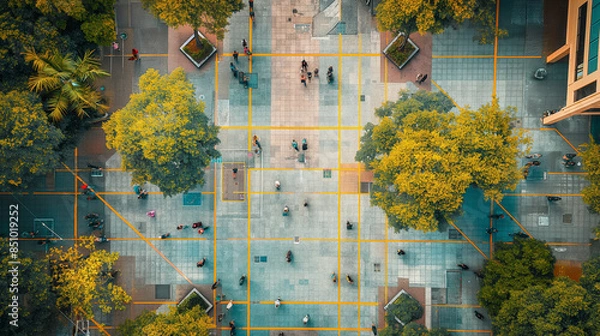 Fototapeta People walking around city square with trees aerial view