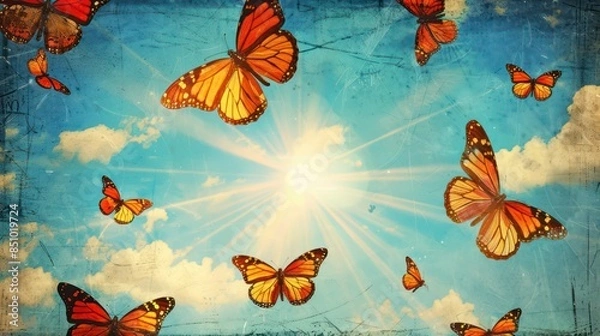 Fototapeta A scenic display of bright orange butterflies soaring through a sky with sunbeams penetrating clouds