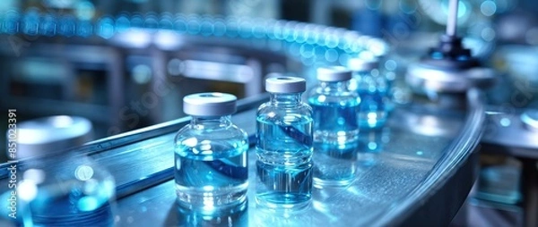 Fototapeta Close-up view of vials on a pharmaceutical production line