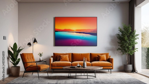 Fototapeta Modernist Retreat: Relaxation Room with a Bare Wall and Contemporary Art, Generative AI