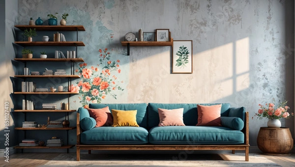 Fototapeta A serene lounge with a faded floral sofa and rustic wooden shelves, embodying timeless beauty, Generative AI