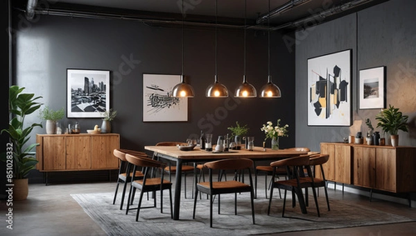 Fototapeta A dynamic dining area with exposed piping and wooden elements, creating a raw and edgy atmosphere, Generative AI