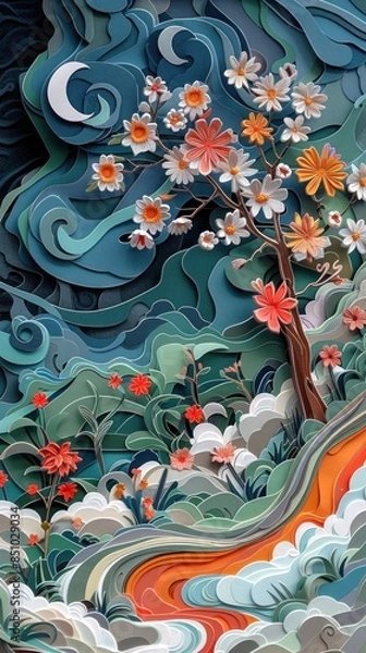 Fototapeta Abstract flowering tree on the shore near the ocean waves and a moon in the sky.