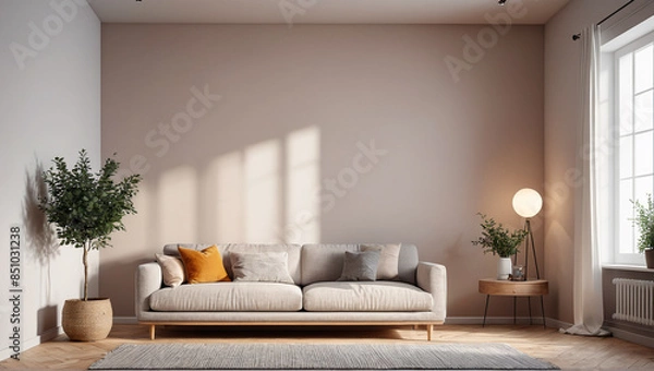 Fototapeta Scandinavian Serenity: Peaceful Room with an Empty Wall and Wooden Accents, Generative AI