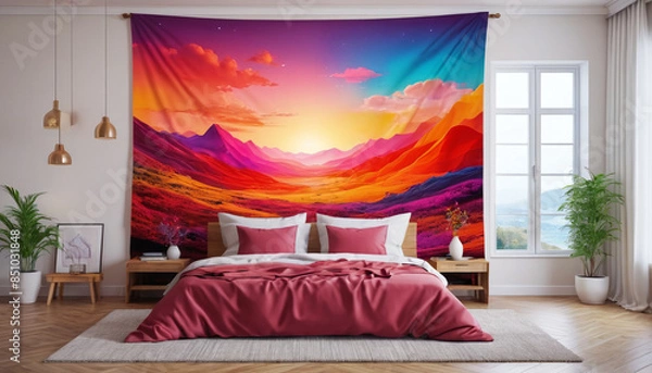 Fototapeta Blissful Retreat: A Tapestry of Cheerful Tones against the Plain Backdrop, Generative AI
