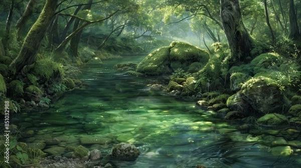 Fototapeta Forest stream with clear waters and moss-covered rocks