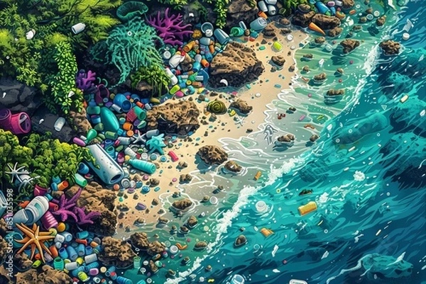Fototapeta Aerial view of polluted beach with plastic waste, bottles, and debris scattered along the shore and ocean, highlighting environmental devastation.