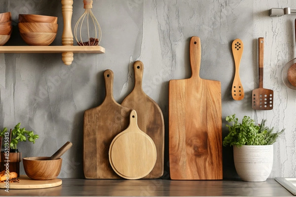 Fototapeta A collection of wooden kitchen utensils and cutting boards, ideal for improving both kitchen aesthetics and practicality. Perfect for food preparation, they complement eco-friendly kitchens