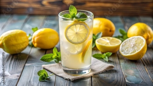 Fototapeta Summer refreshing lemonade drink or alcoholic cocktail with ice and lemon slices. Fresh healthy cold lemon beverage. Water with lemon.