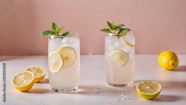 Fototapeta Summer refreshing lemonade drink or alcoholic cocktail with ice and lemon slices. Fresh healthy cold lemon beverage. Water with lemon.
