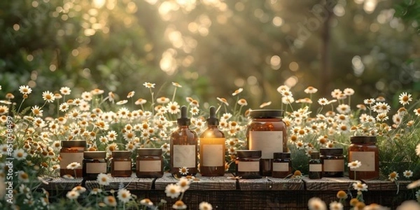 Fototapeta Bottles and jars of natural remedies displayed on a wooden table amidst a field of chamomile flowers in the golden light of sunset.