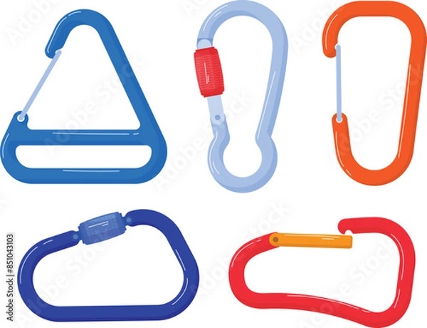 Fototapeta Assorted colorful carabiner clips set isolated. Cartoon style rock climbing equipment, secure lock safety. Various shapes carabiners vector graphic illustration