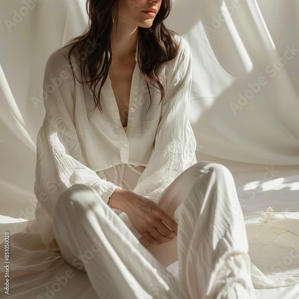 Fototapeta Woman in white loungewear, relaxed in soft natural light, minimalist setting, AI Generation