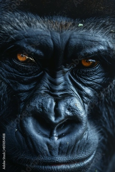 Fototapeta Gorilla: A shot of a gorilla's facial features, capturing its powerful build and expression. 