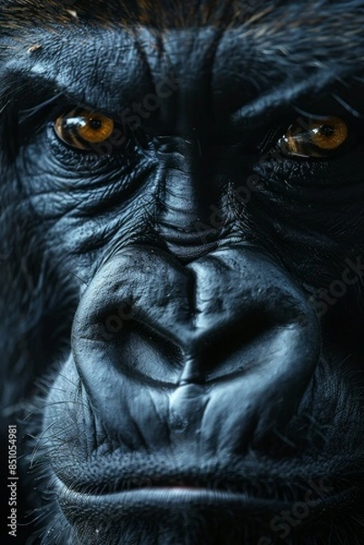 Fototapeta Gorilla: A shot of a gorilla's facial features, capturing its powerful build and expression. 