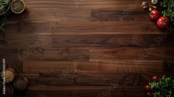 Fototapeta Dark, Walnut Butcher Block Kitchen Countertop - Deep Brown Wood Tones and Prominent Grain Patterns - Interior Design Mood Board Inspo 