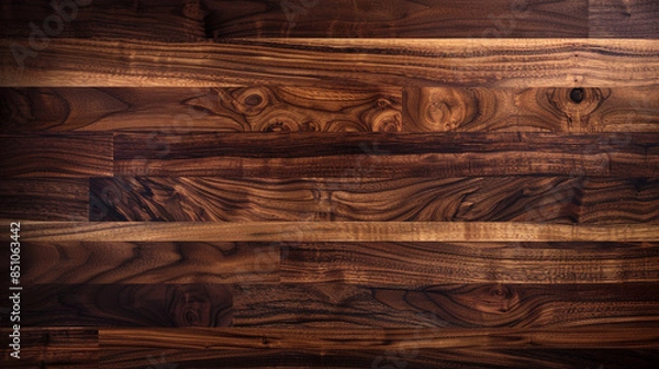 Fototapeta Dark, Walnut Butcher Block Kitchen Countertop - Deep Brown Wood Tones and Prominent Grain Patterns - Interior Design Mood Board Inspo 