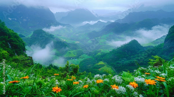 Fototapeta Gorgeous Mountains with flowers, lush greenery, gardens, and terraced land. An amazing landscape picture for wallpaper, posters, print, wall art, and more. You only get unique from me.