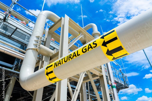 Fototapeta Natural gas pipeline with high pressure and direction sign at compressor station. Concept of energy transportation infrastructure