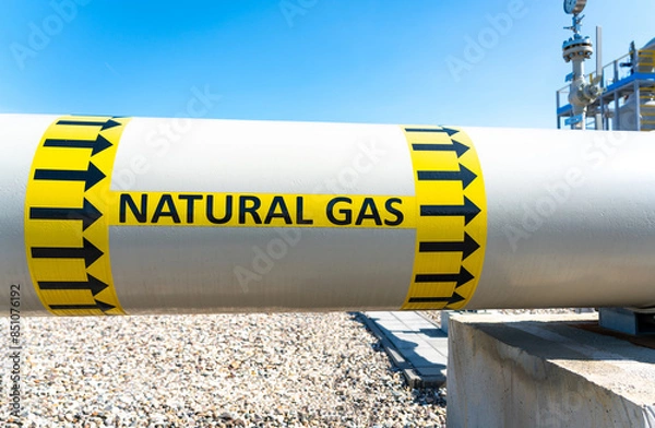 Fototapeta Natural gas pipeline with flow direction sign at compressor station. Concept of energy transportation infrastructure
