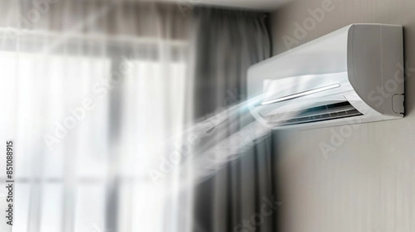 Fototapeta The air conditioner is on the wall and air is coming out of it. Waves of fresh clean air,  filtration effect.