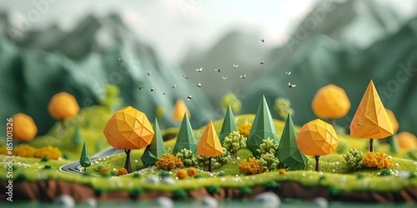 Fototapeta Green hills and trees in 3D