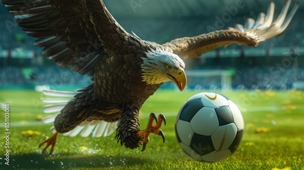 Fototapeta An eagle is flying down to grab the ball on the green soccer field.