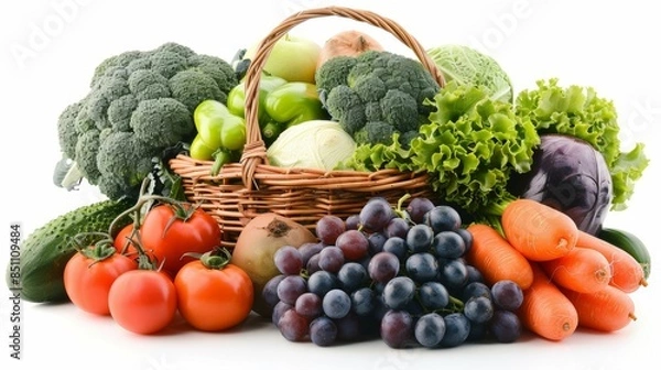Fototapeta A basket of fruits and vegetables including tomatoes, grapes, broccoli