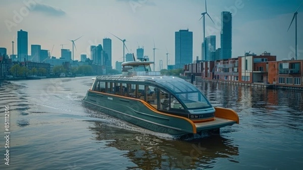 Fototapeta A modern, electric ferry boat cruises down a canal in a Dutch city, passing under a bridge with a city skyline in the background.