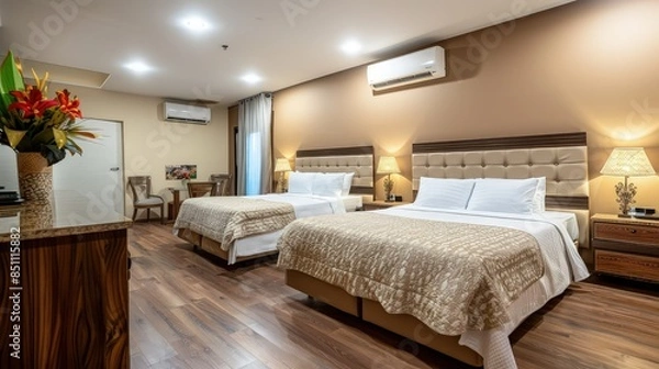 Fototapeta Hotel family bedroom with two double beds.