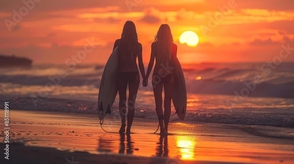 Fototapeta Two surfers walking hand in hand along the beach at sunset, surfboards in tow, against a backdrop of vivid orange sky