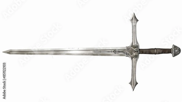 Fototapeta A medieval longsword with a crossguard and a decorated pommel, isolated on solid white background. isolated on a solid white background. Illustrations