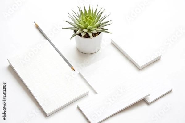 Fototapeta Minimalist Workspace with Pencil and Plant