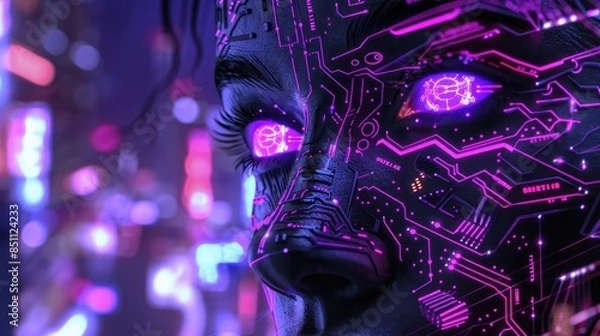 Fototapeta Close-up of a futuristic cybernetic face with glowing purple circuits and neon lights, representing advanced technology and AI.