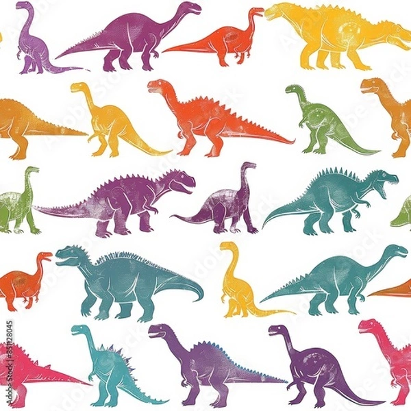 Fototapeta A seamless pattern of colorful dinosaur silhouettes in various sizes. The silhouettes are of different species, including Tyrannosaurus Rex, Triceratops, Stegosaurus, and Velociraptor