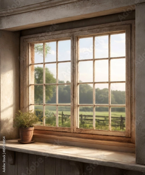 Fototapeta An old vintage rustic window, with a landscape as a backdrop, the scene for a product demonstration.