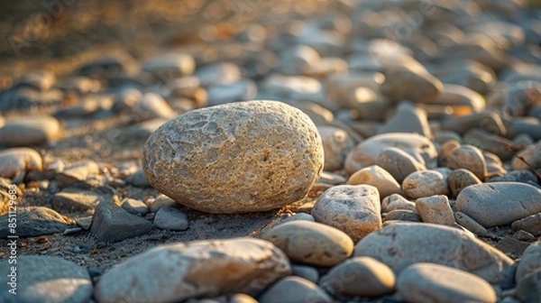 Fototapeta Large pebble on a rustic countryside street, surrounded by various stones, detailed background with natural textures, serene rural setting
