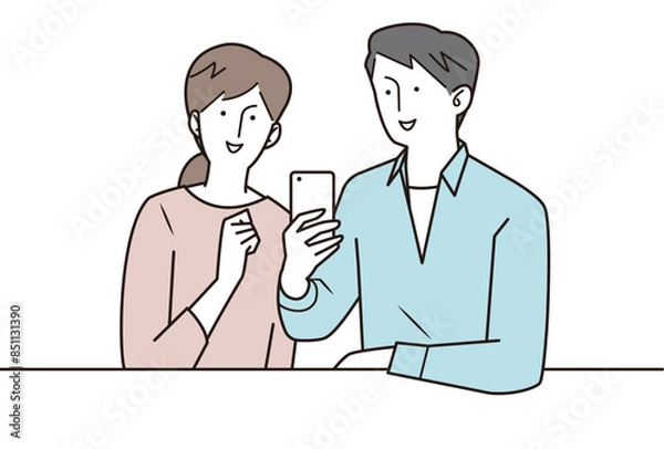 Fototapeta スマホを見ながら会話する若い夫婦