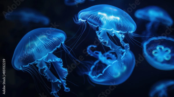 Fototapeta several jellyfish, illuminated by blue light, with translucent bodies and detailed patterns, floating elegantly