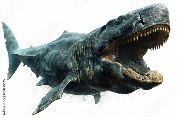 Fototapeta Ancient Megalodon shark, prehistoric sea monster, 3D realistic, isolated on white background