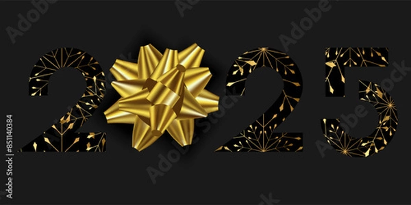 Fototapeta Vector. Happy new year 2025 logo text design. Golden realistic snowflake pattern. Design templates with 2025 typographic logo. Collection of happy new year 2025 symbols. Horizontal background.