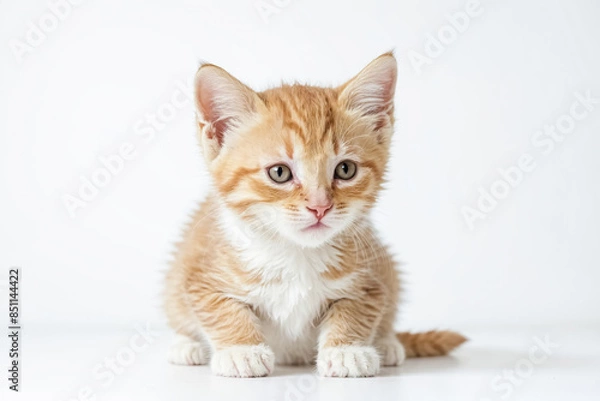 Obraz Adorable ginger kitten with white chest sitting on white background