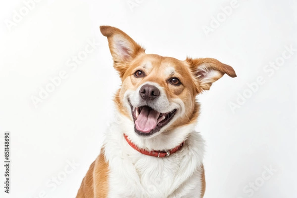 Fototapeta Happy Dog With Red Collar Looking at Camera on White Background